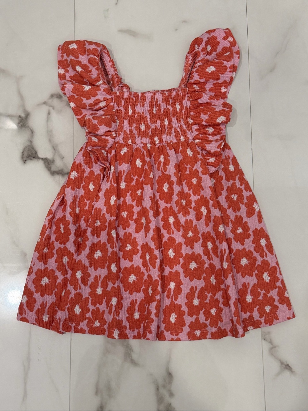 Girls Pink and Red Floral Sundress with Ruffle Sleeves
